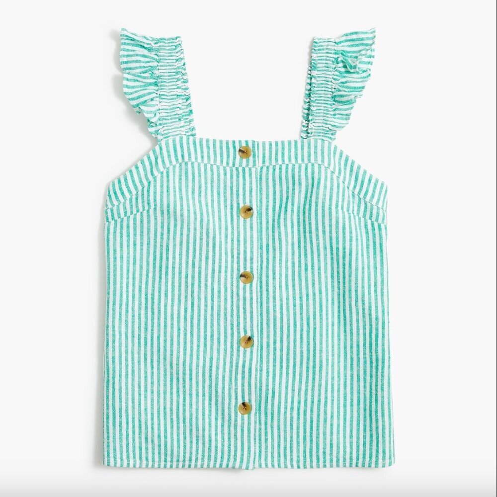 J. Crew Green Stripe Linen-blend button-front tank top with ruffle straps M